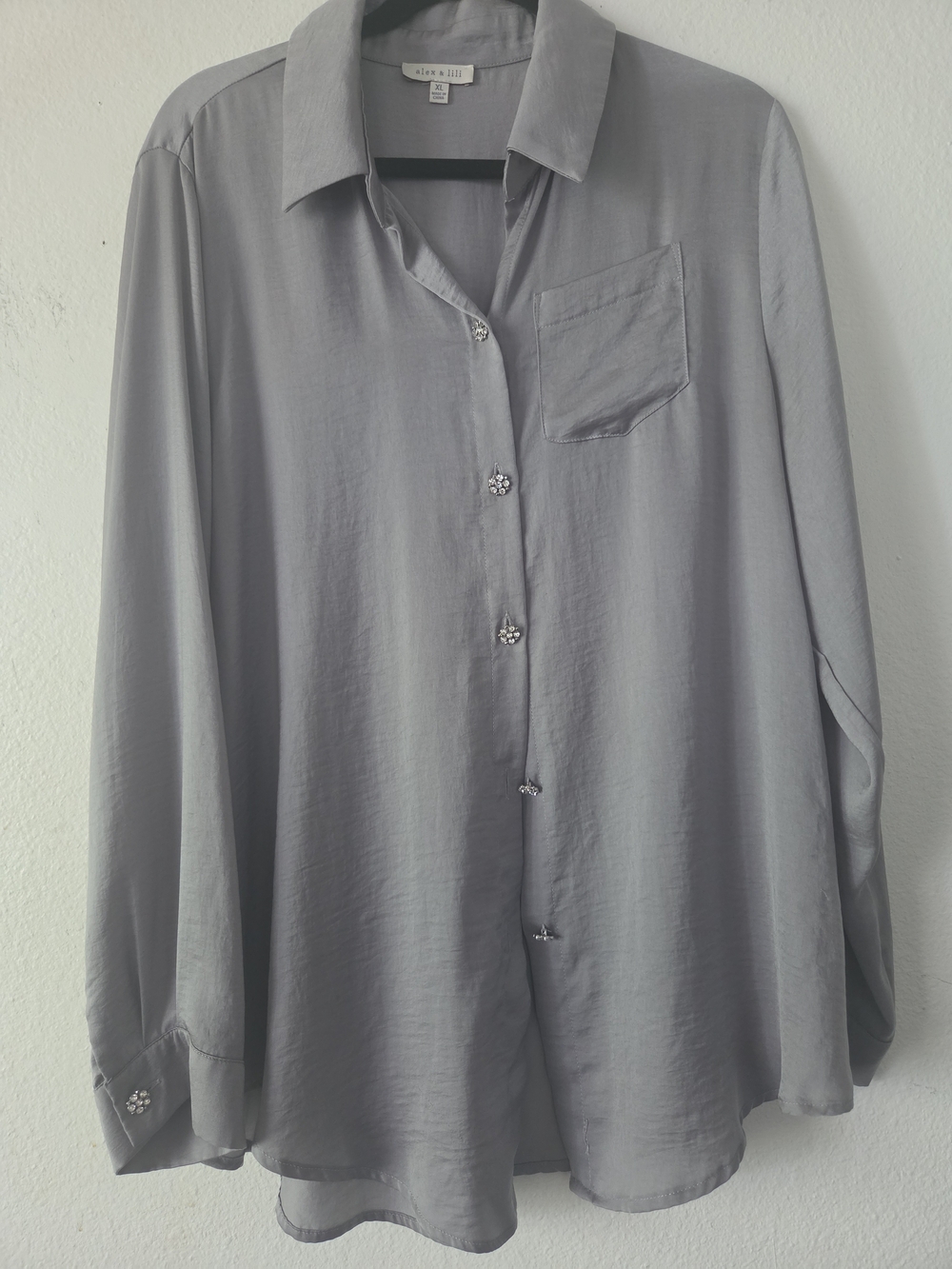 Alex & Lili Women's Blouse Gray Long Sleeve Button Down 100% Polyester Size XL